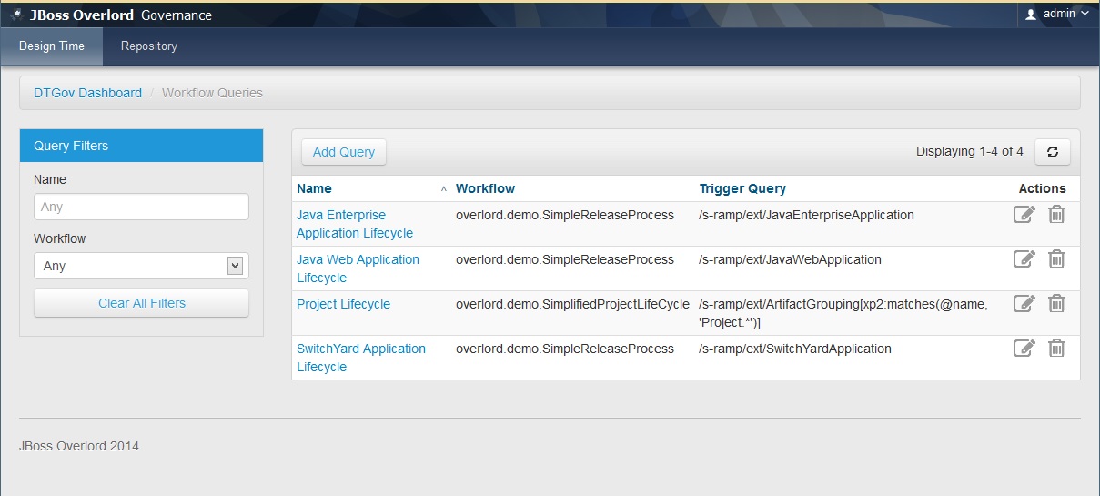 Screenshot of the DTGov Workflow Queries Page