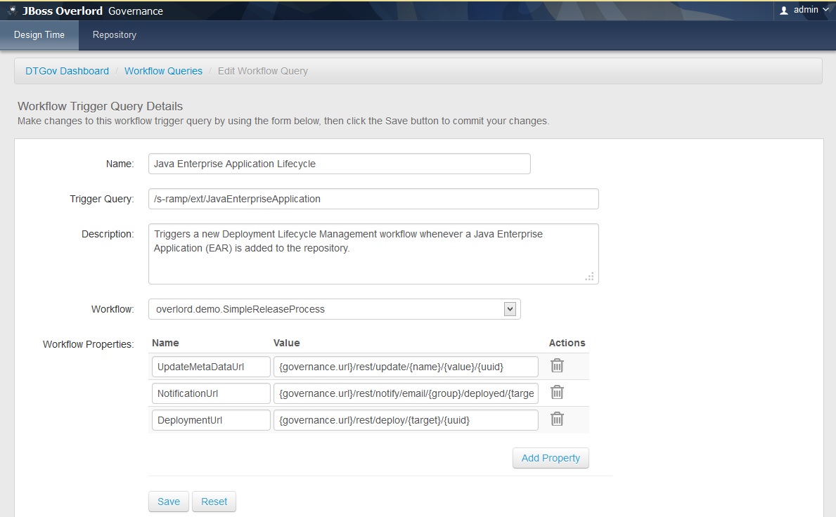 Screenshot of the DTGov Edit Workflow Query Page