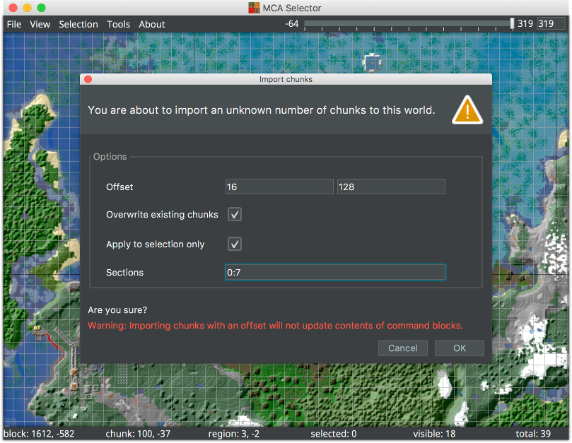 MCA Selector window showing the chunk import