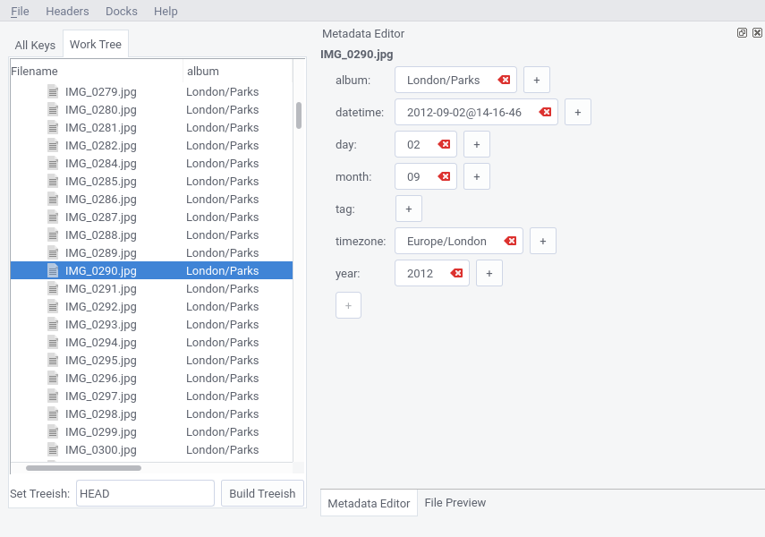 A smaller window with docks tabbed, showing metadata editor