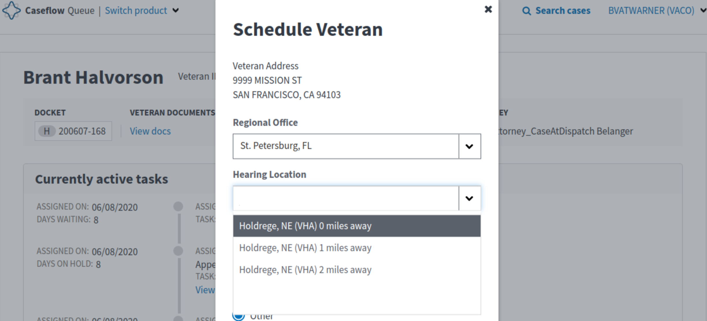 Hearing Location Selection on Schedule Hearing Task