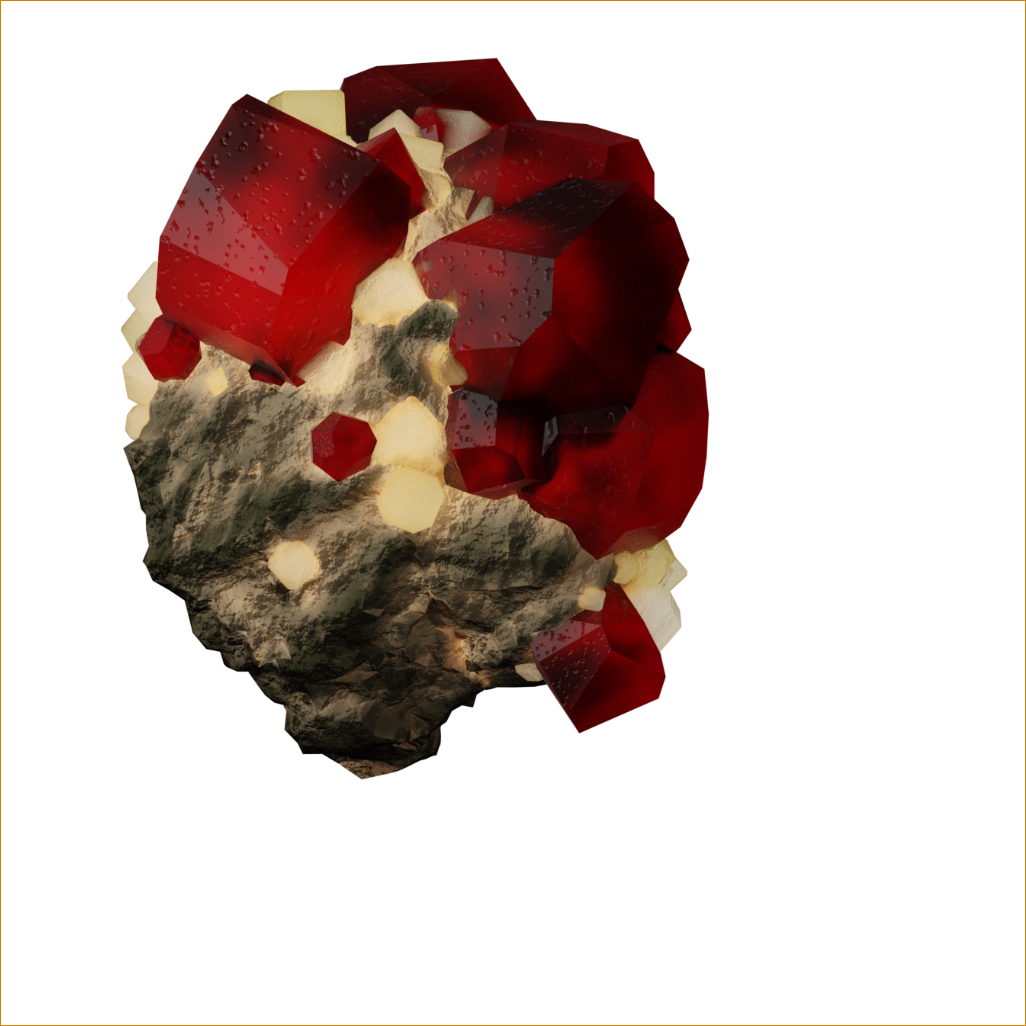 An off-center render of red and yellow crystals atop a rock